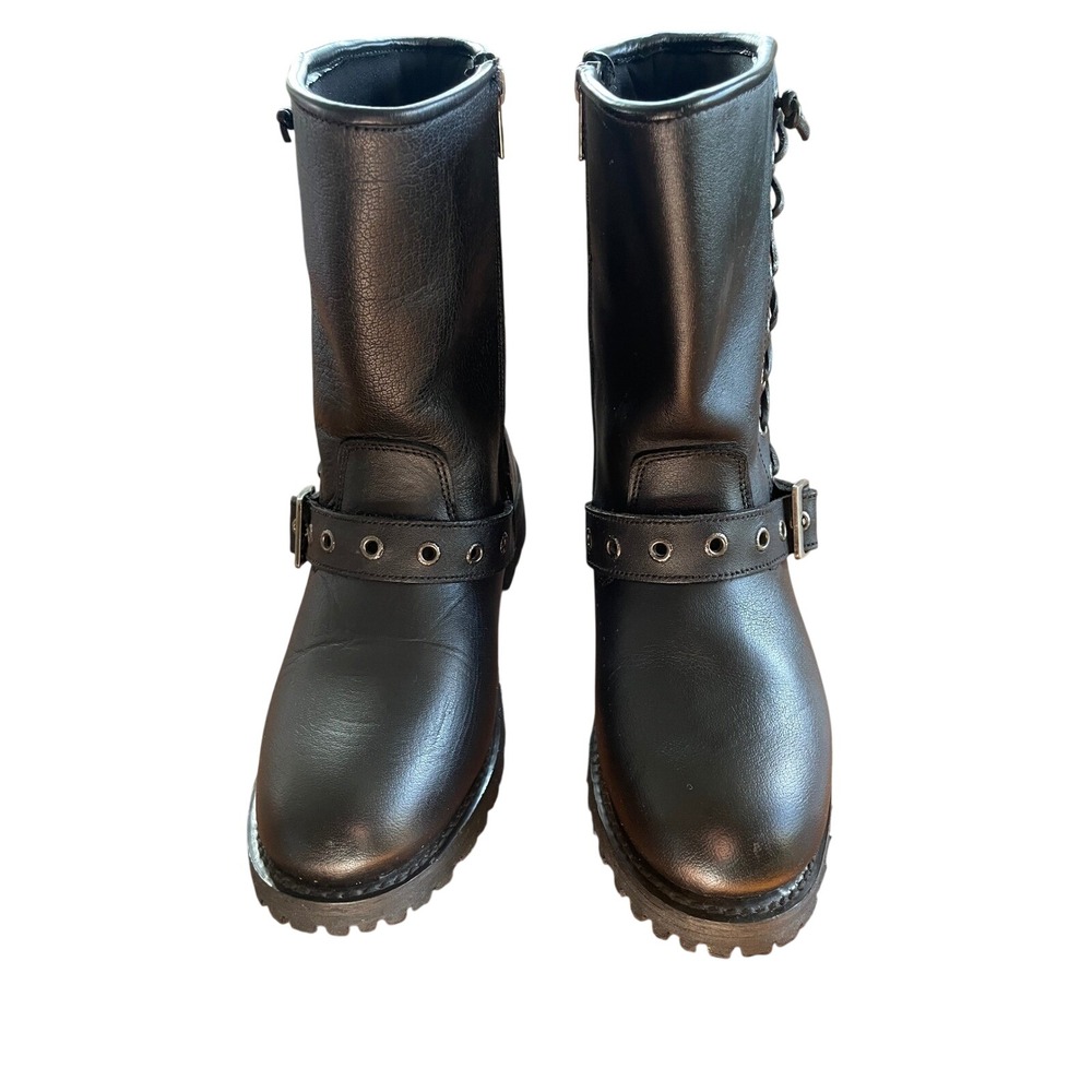 Xelement Dahlia Womens‎ Black Leather Motorcycle Boots Wide Buckle Lace Up 9.5